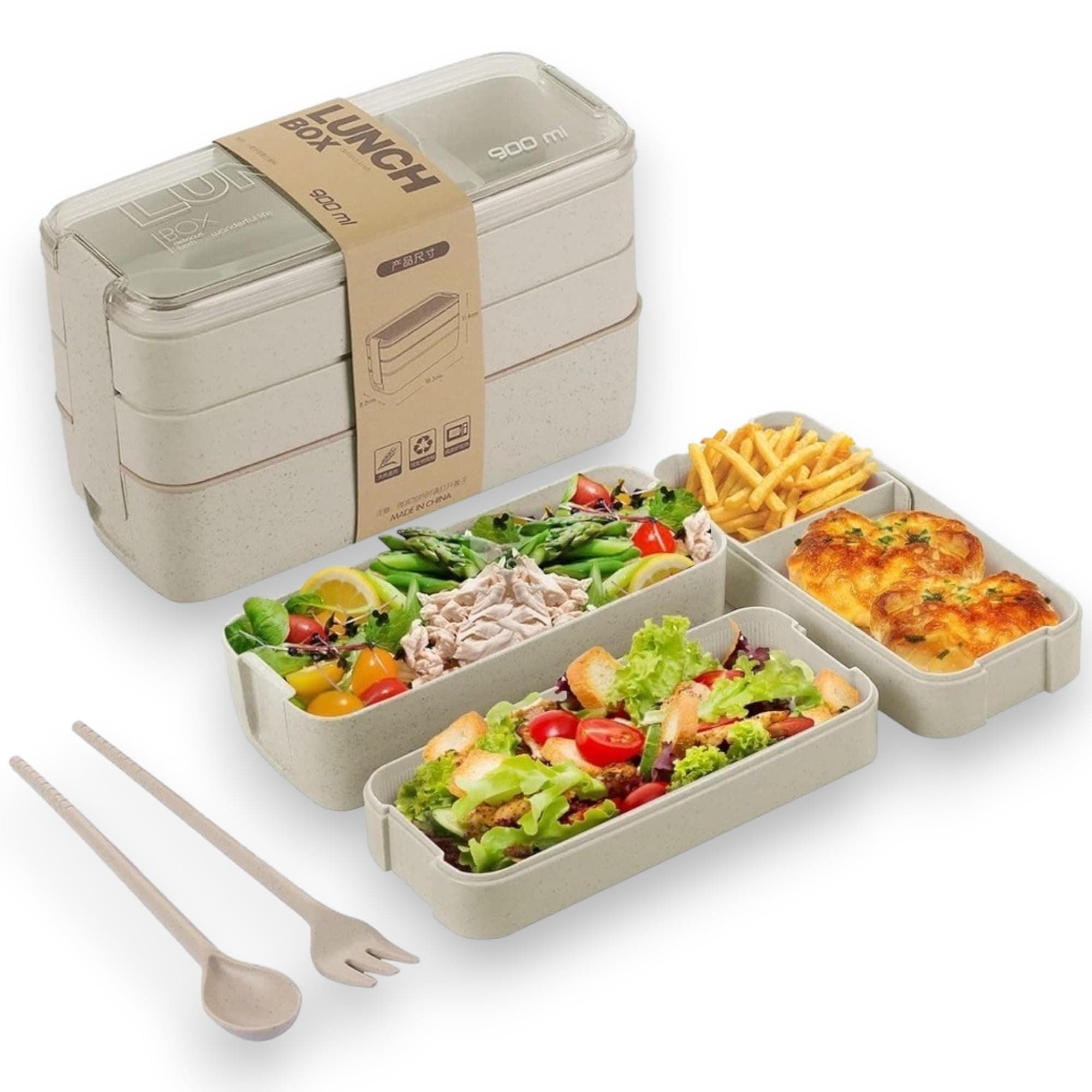 Marmita Japonesa Bento Fit 900ml: 3 Andares, Livre de BPA, com 4 Divisórias, Trava Laterais, 2 Talheres (Garfo e Colher)