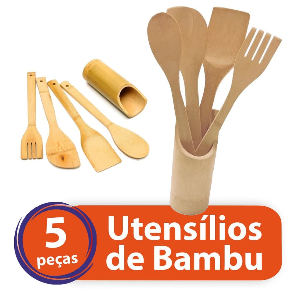 Kit De Utensílios de Bambu Para Cozinha Com 5 Peças